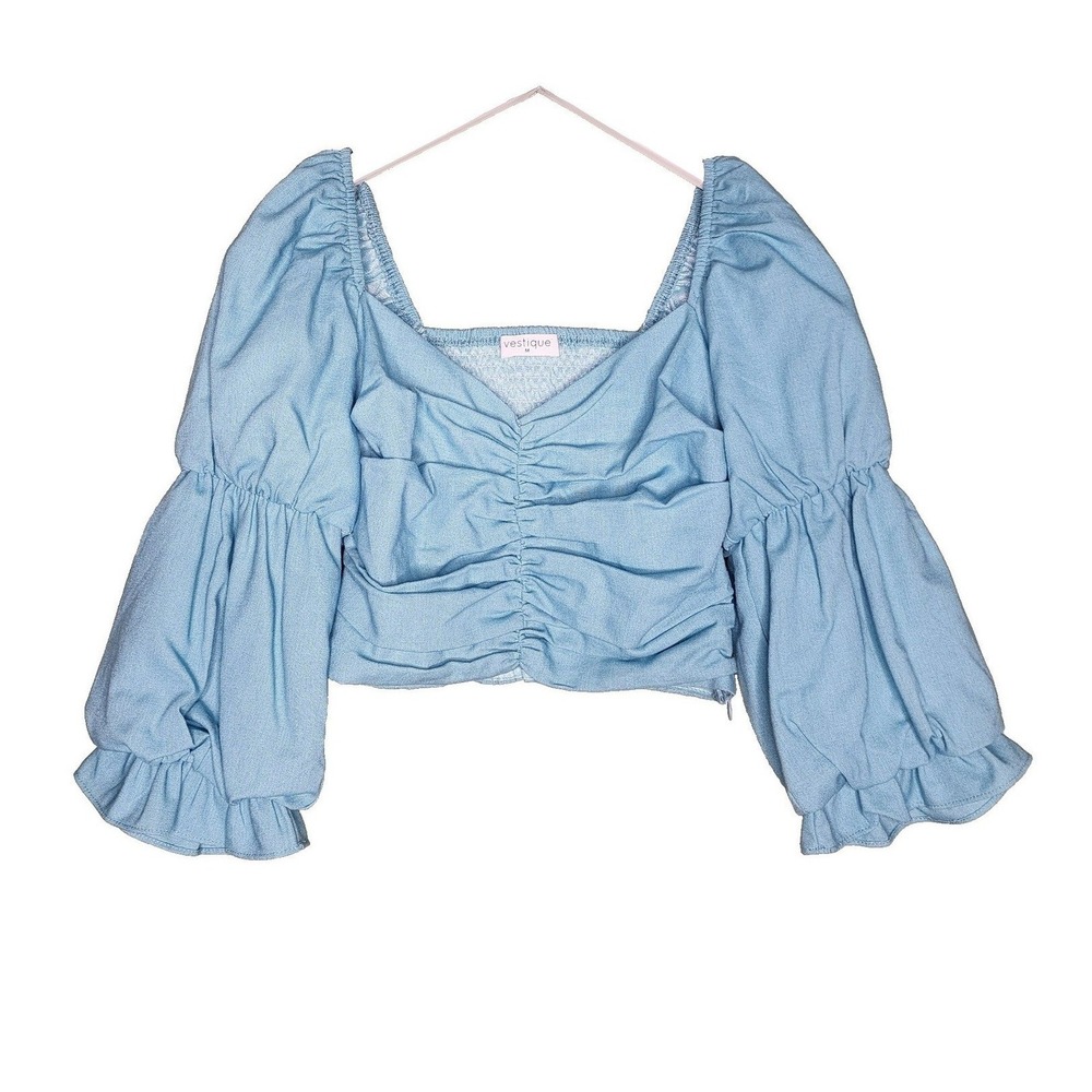 Vestique Crop Top M Blue Puff Sleeve Smocked Cottage Boho Prairie Coquette